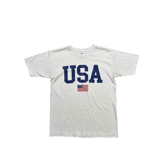 Vintage USA Flag T-Shirt‎ - Large Print White Tee 4th of July - size S - Picture 1 of 6